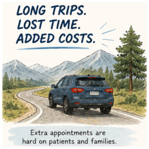 Long trips lost time and added costs with a car driving on a road in the mountains