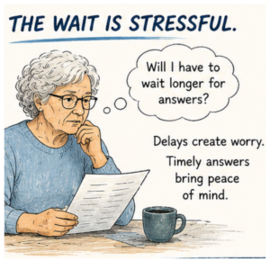 older woman looking at a aper and worrying will i have to wait longer for answers